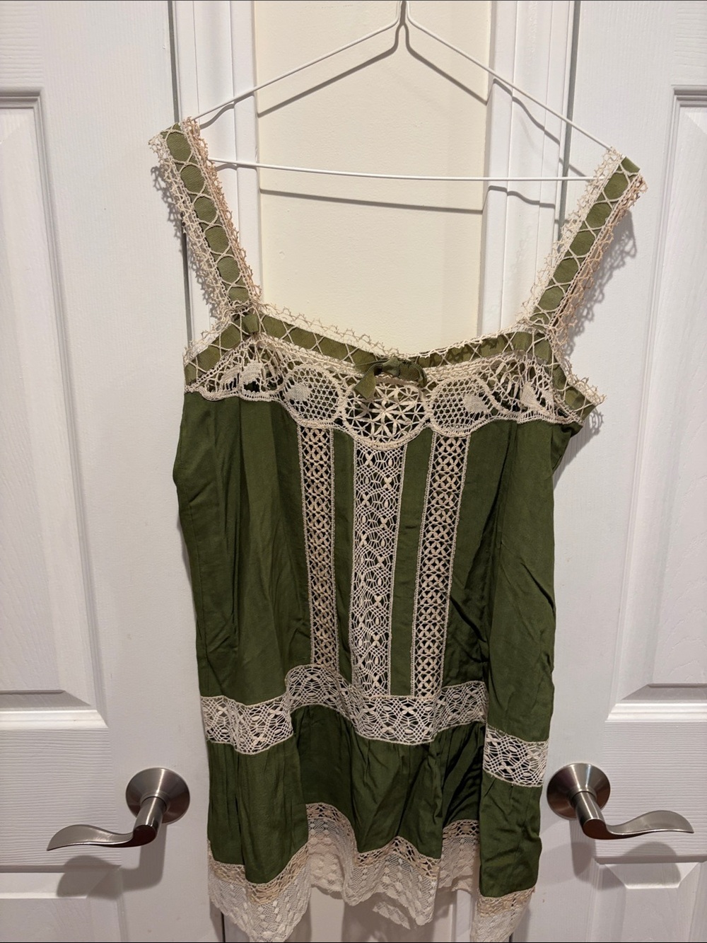 Source Unknown Olive Mini Dress with Cream Crochet Trim